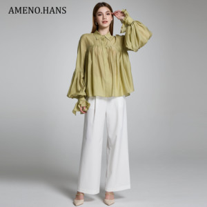<span class=keywords><strong>AMENO</strong></span> Blouses en mousseline de soie à manches longues de couleur unie à volants pour femmes pour l'été - Product Image 2