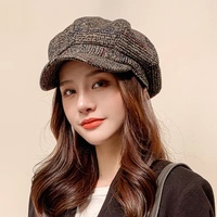 Casquette Gavroche Vintage Style Britannique en Tweed à Carreaux pour Femme, Béret Octogonal Ajustable, Chapeau de Peintre, Chapeau de Boulanger Automne Hiver