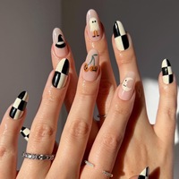 Faux ongles à presser Halloween, longs, forme cercueil, noir et orange, motif toile d'araignée fantôme, 24 pièces, pour fête effrayante et déguisement