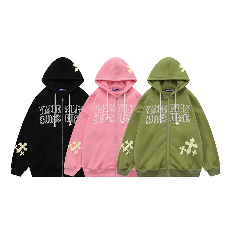 Cross Designer Heavy Sherpa Fleece Custom Street Wear Unisex Oversized Zip Up Foam Puffer Printed Hoodies