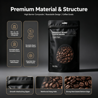 Pochette personnalisée à fermeture éclair pour grains de café et snacks, avec fenêtre transparente, haute barrière, refermable, qualité alimentaire, pour emballage de boissons 250g