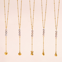 Kalung Mutiara Air Tawar Lavender Alami Model Y Lariat Rantai Satelit Berlapis Emas 18K Liontin Cantik Perhiasan Boho Mungil Hadiah Wanita