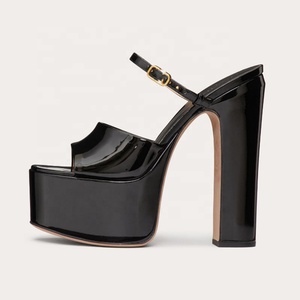 Women High Chunky Heels Thick Platform Sandals Square Peep Toe on Front Strap Shoes Outdoor Patent Mules - Product Image 2