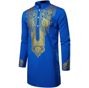 Camicie nere Dashiki stampate tradizionali africane con bottone blu personalizzate per gli uomini - Product Image 3