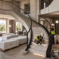 Escalier Courbé Robuste avec Rampe en Marbre Noir – Installation Moderne DIY pour Entrepreneurs Industriels et Ingénieurs (Usage Domestique)