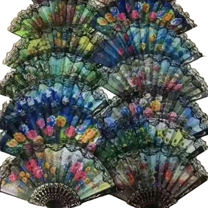 Abanicos de mano plegables de moda con estampado de seda de una sola capa y logotipo dorado, con varillas de plástico, ideales para bodas, venta al por mayor. - Product Image 5