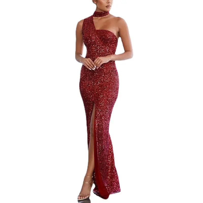 Women Long Sequin Evening Dresses Sexy High Slit One Shoulder Prom Party Gowns Sleeveless Floor Length Cocktail Dress