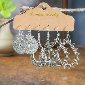 Ensemble de boucles d'oreilles pendantes bohèmes en alliage, design géométrique, plaqué argent antique, bijoux de fête pour femmes - Product Image 3