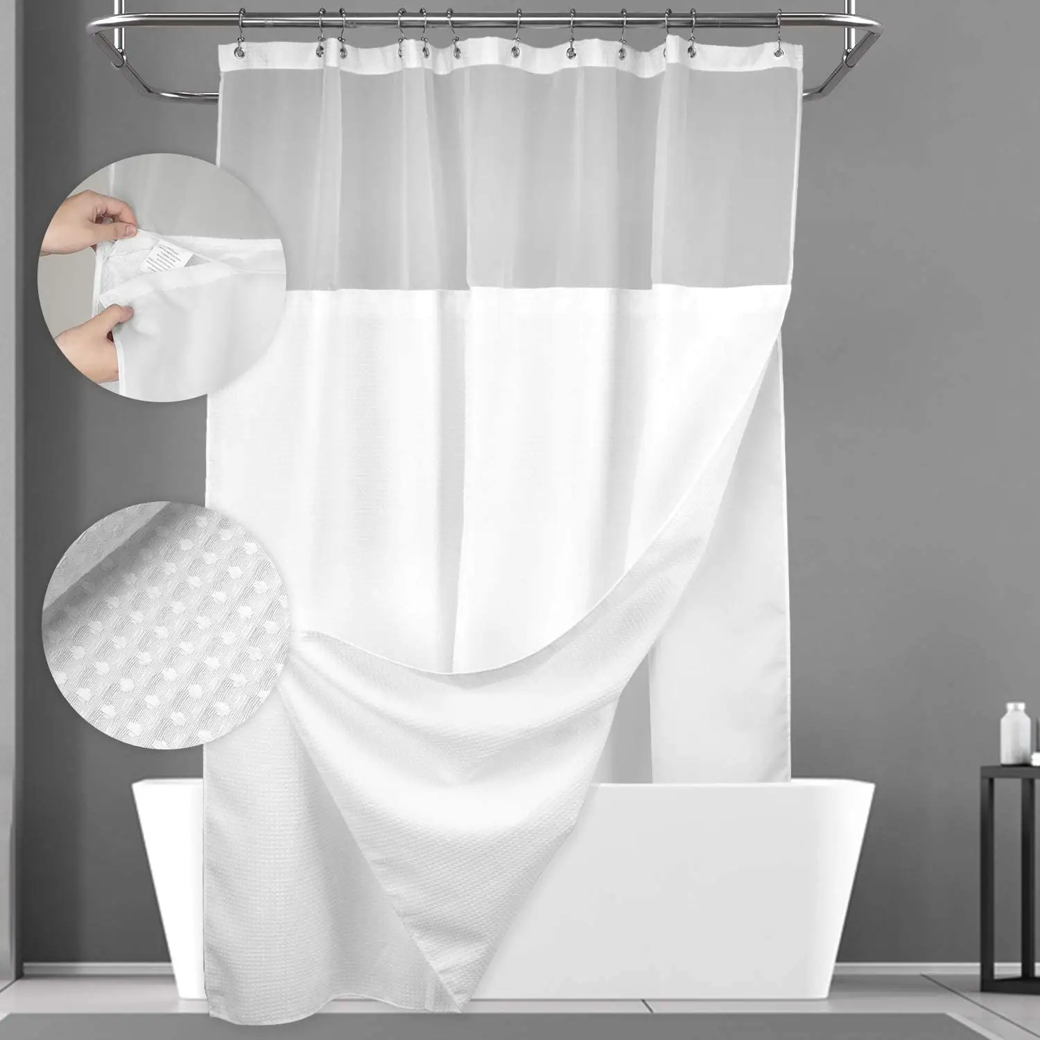 Custom Factory Waffle Weave Snap Liner Hookless Bathroom Shower Curtain