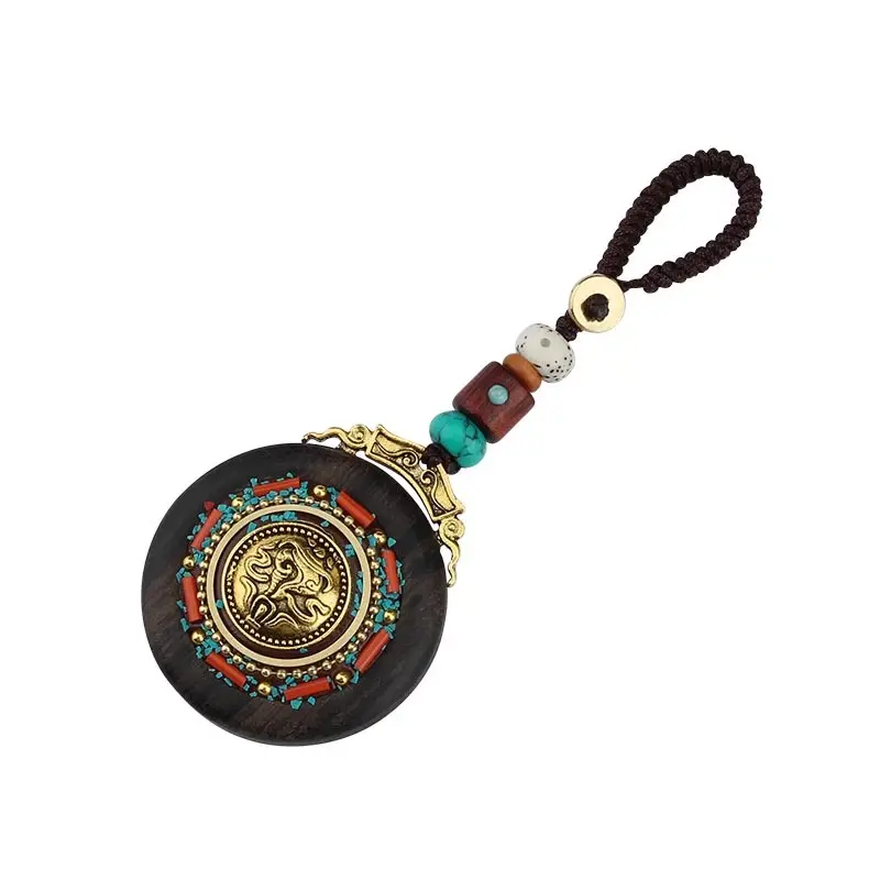 ميدالية مفاتيح خشبية مصنوعة يدويًا حسب طراز قديم البوذي من نيبال مع خرز، سلسلة هاتف محمول، قلادة، إكسسوارات هدية على الموضة