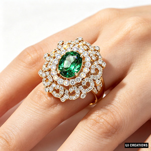 Women's S925/10K/14K/18K Solid <b>Gold</b> Emerald <b>Cocktail</b> <b>Ring</b> Pave Set Round Diamonds Luxury Flower Design Oval Cut Stone - Product Image 6