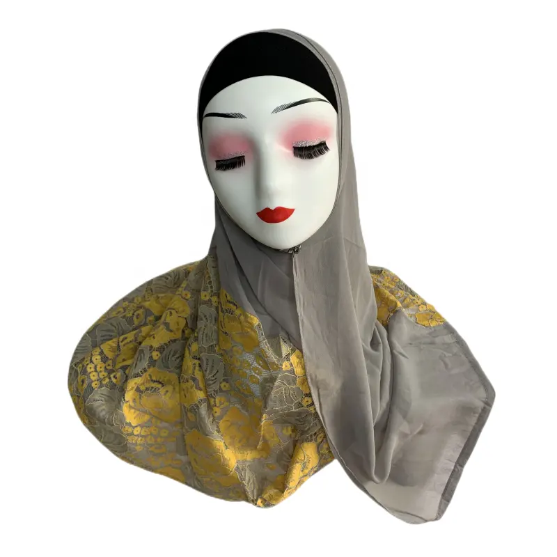 2023 Nieuwe Design Kant Met Chiffon Sjaal Hijab Zomer Sjaal Versierd Borduurwerk Moslim Luxe Hijab Sjaals