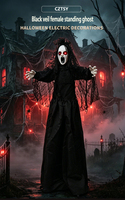 Nouveauté 2026 Halloween : Mariée vampire lumineuse en gaze noire, fantôme debout, avec contrôle sonore, pour maison hantée et pièce secrète