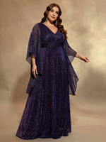 Robe de soirée maxi élégante à manches évasées scintillantes de couleur unie à col en V pour femmes grandes tailles avec fermeture éclair au dos