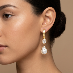 Zeva Jewels Irregular Korean Pearl Long Hook <b>Earrings</b> <b>Solid</b> Brass 18k Gold Plated Statement Jewelry Hammered Texture Dangle Drop - Product Image 2