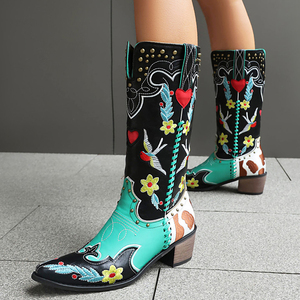 Bottes de chevalier pour femmes avec rivets métalliques, broderies florales, bottes longues de cowboy montantes, chaussures à talons carrés bas multi-motifs pour femmes - Product Image 2
