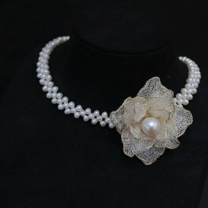 Handmade 14K Gold Filled <b>Choker</b> Necklace, Italian Craft Lace Flower With Natural Freshwater Pearl, Elegant Bridal Fine Jewelry - Product Image 3