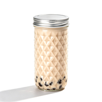 Bocal en verre à motif diamant, gobelet gaufré, récipient de stockage alimentaire avec couvercle pour boissons, confiture, miel