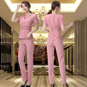 Conjunto de uniforme de spa para mujer, vestido rosa con cuello en V y pantalones para salón de belleza, ropa de trabajo para masajista, mezcla de algodón elástico, tallas S, M, L, XL - Product Image 5