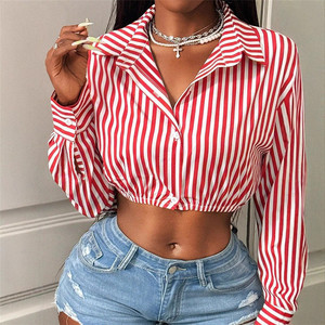 Camicia <span class=keywords><strong>Vintage</strong></span> Y2K a Righe con Patchwork per Donna, Top Corto con Colletto e Maniche Lunghe - Product Image 3