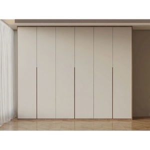 Armoire de chambre à coucher personnalisée beige et blanche, en <span class=keywords><strong>bois</strong></span>, 6 portes sans poignées, moderne, intégrée, grand rangement, du sol au plafond - Product Image 1