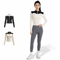 Veste de yoga sexy à blocs de couleur pour femme, coupe ajustée, fermeture éclair intégrale, haut de sport avec logo avant, trous pour les pouces, séchage rapide, vêtements de sport