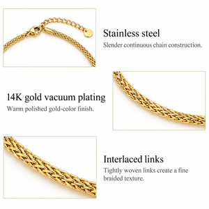 Collar de Cadena Delgada Tejida de Acero Inoxidable con Baño de Oro de 14K al Vacío, Ajustable 43+5 cm, Diseño sin Colgante - Product Image 4