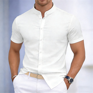 Camisa de <span class=keywords><strong>Manga</strong></span> <span class=keywords><strong>Corta</strong></span> con Cuello Mandarín para <span class=keywords><strong>Hombre</strong></span>, Color Sólido, Corte Entallado, Estilo Casual Elegante, Personalizable en Talla y Color con Impresión - Product Image 1