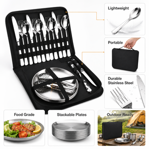 20-Piece <span class=keywords><strong>Set</strong></span> Peralatan Makan Ramah Lingkungan dari Baja Tahan Karat Perak Berkualitas Tinggi untuk 2-4 Orang, Portabel untuk Piknik dan Berkemah di Luar Ruangan - Product Image 5