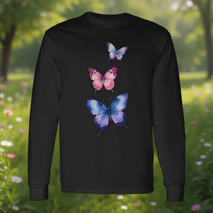 Camiseta de Manga Larga con Diseño de Mariposas en Acuarela, Color Negro, Cuello Redondo, Unisex, para Adultos, Ropa Promocional - Product Image 3