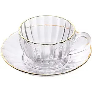 Custom Tasse Gold Rim Tazza 180ml Clear Fincan Mug Teacup Beker Glass Coffee Cangkir Tea Cup Set