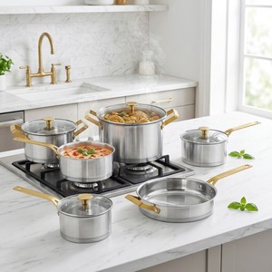 Batterie de cuisine 10 pièces en acier inoxydable, compatible <span class=keywords><strong>induction</strong></span>, avec couvercles en verre, fond brasé, casseroles légères – Approvisionnement direct usine - Product Image 6