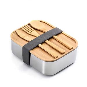 High Quality Stainless Steel Divider Bento Boxes <b>Rectangle</b> Thermal Insulation Bamboo Lid Lunch Box Rubber Band 1-3L Freshness - Product Image 4