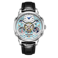 Montre automatique pour homme à boîtier rond entièrement squeletté, multifonctionnelle, affichage des phases lunaires, bracelet en cuir, montre mécanique de luxe