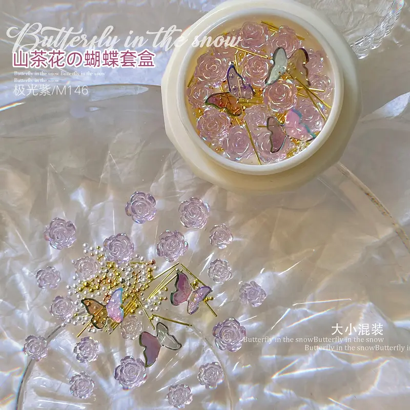 Hot Sale Beautiful Mix Design Camellia Nail Art Shell Butterflies Nail Studs