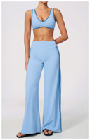Ensemble 2 pièces pour femme, haut court sans manches, pantalon large taille haute, motif rayé sur le côté, tricoté, respirant, style sportif