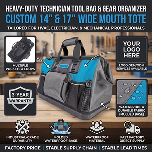 Sac à outils robuste personnalisé de 14'' et 17'' avec fermeture éclair, base moulée étanche, grande ouverture, pour électricien CVC et organisateur d'équipement - Product Image 1