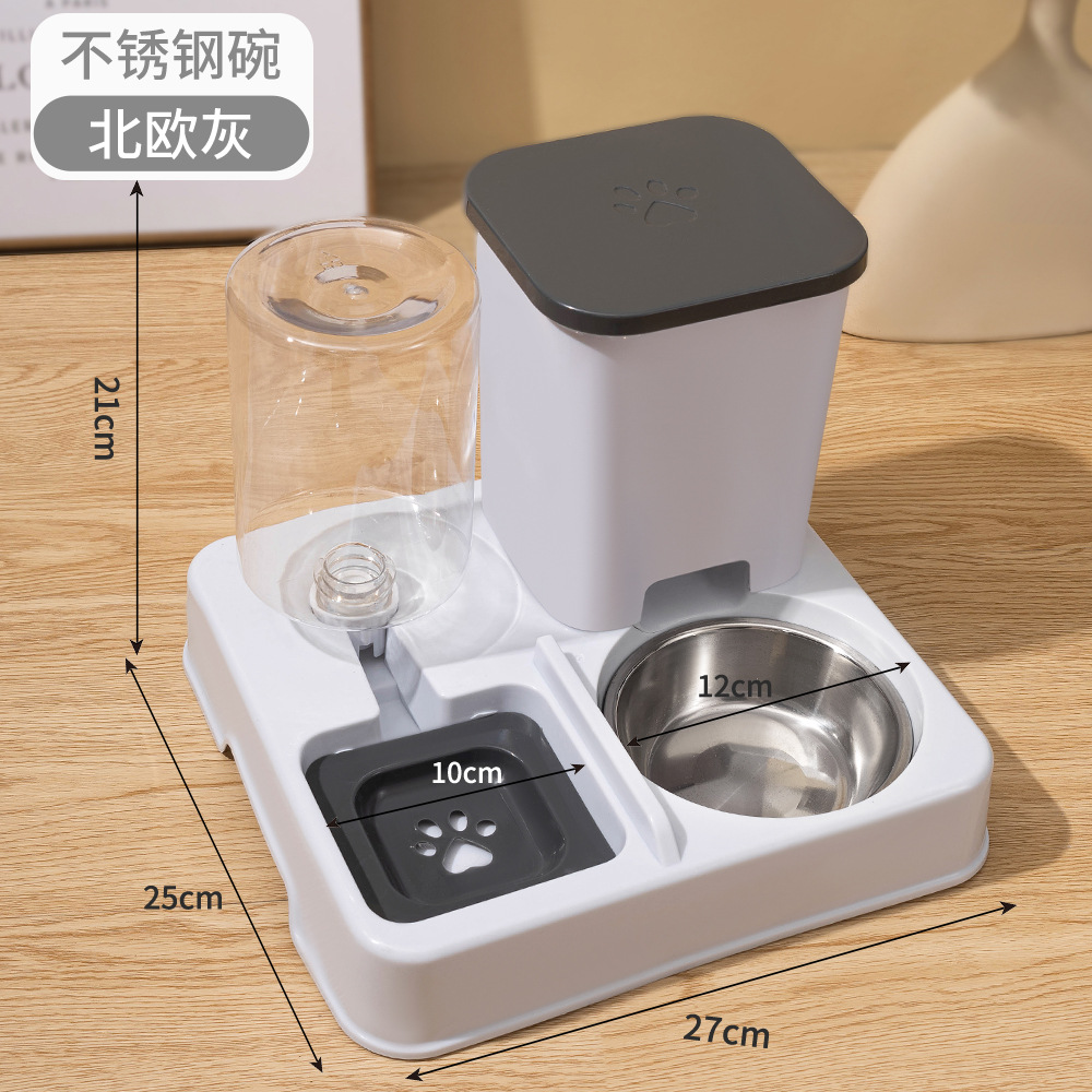 grayish-white square feeder + stainless steel bowl