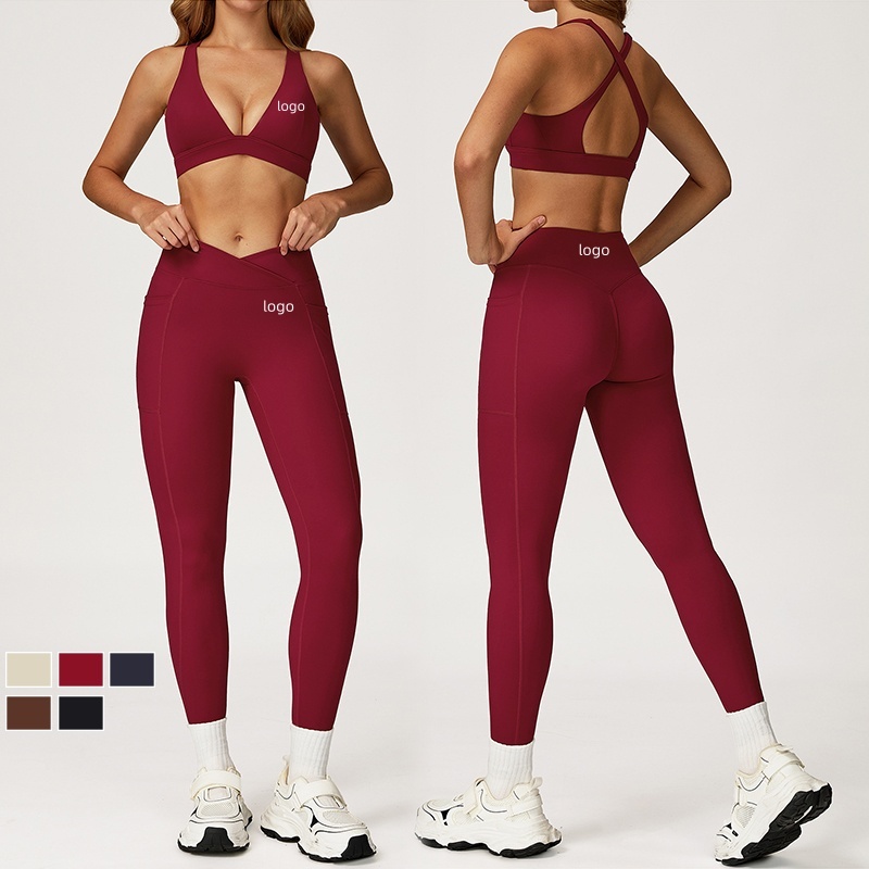 2026 Nude Quick Drying Cross Back High Waist Leggings Running Fitness Training Yoga 2 Piece Set Gym Sports Suit