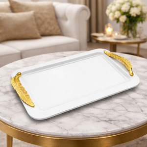 Bandeja de acero plateado con asa de hoja para hotel de lujo, bandeja de servicio estilo antiguo - Product Image 3