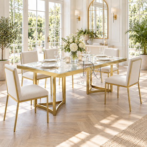 Table de salle à manger rectangulaire en verre miroir en acier inoxydable doré de qualité supérieure avec base ouverte géométrique pour banquets d'hôtel (vente en gros) - Product Image 1