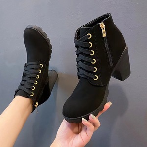 Women's Fashion Lace-Up Round Toe Frosted Thick Ankle <strong>Boots</strong> with Mesh Upper for Winter - Product Image 2