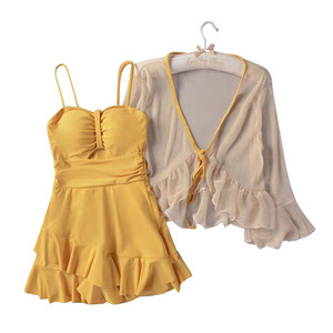 Traje de baño de una pieza para mujer Baiya con control de abdomen, efecto adelgazante, vestido mini de playa, cuello en V, manga tres cuartos - Product Image 5