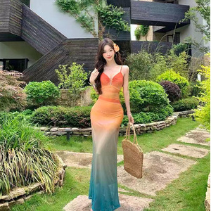 Mesh Spaghetti Strap Dress Tie Dye Floral Print Natural Waist Beach Vacation Casual Long Openwork Design - Product Image 3