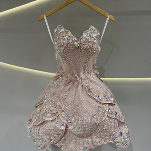Vestido de Fiesta Rosa de Lujo JFH82 2026 con Apliques de Cuentas Pesadas, Pétalos de Flores, Mini Vestido de Gala de Gasa con Borlas de Cristal y Cintura Natural - Product Image 4