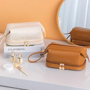 Pu Leather maquiagem organizador Com alça Double Layer Cosméticos Saco Multifuncional Armazenamento Maquiagem Bolsa PU Leather Makeup Bag