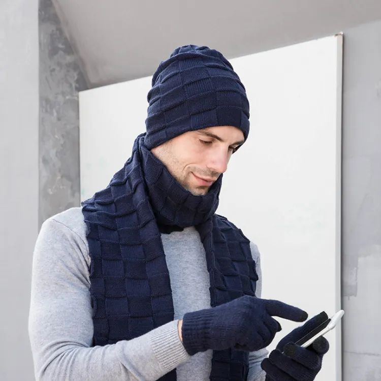 2021 Men Women Winter Beanie Hat Touchscreen Gloves Neck Warmer Hat Scarf And Glove Set