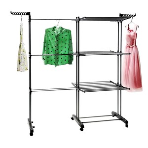 Séchoir à linge multifonctionnel à trois niveaux, vertical, mobile, rectangulaire, noir et gris, sur pied - Product Image 3
