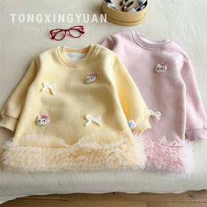 Girls Fleece Lined Sweatshirt <b>Dress</b> Long Sleeve Princess Style With <b>Ruffles</b> And Kitty Applique Autumn Winter Wear - Product Image 5