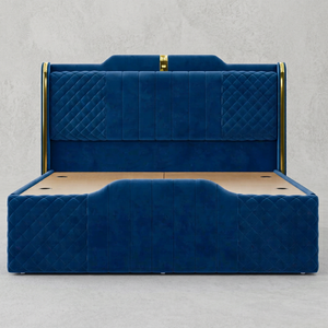 Blue Upholstered <b>Bed</b> Frame Quilted Headboard and Footboard Double <b>Bed</b> <b>with</b> <b>Storage</b> Soft Furniture for Hotel Villa Bedroom - Product Image 1